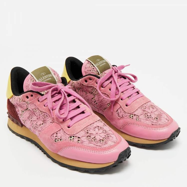 Pre Owned Valentino Multicolor Lace and Leather Lace Rockrunner Low Top Sneakers Size 40