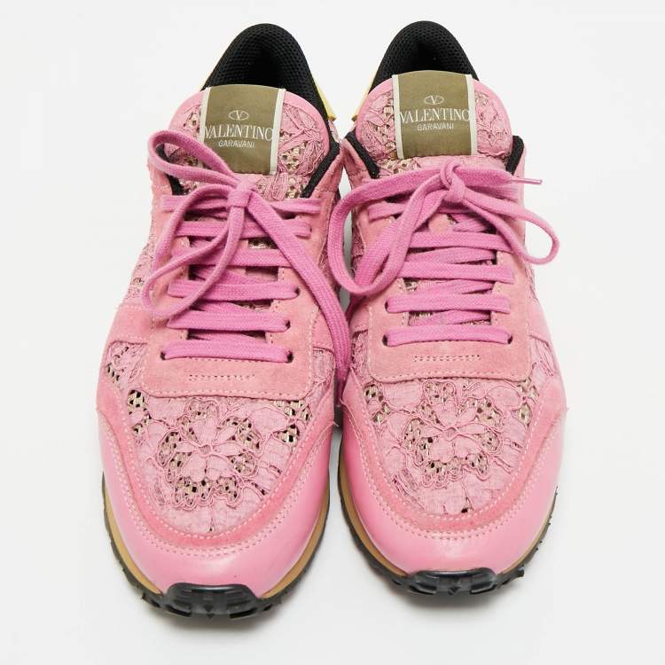 Pre Owned Valentino Multicolor Lace and Leather Lace Rockrunner Low Top Sneakers Size 40