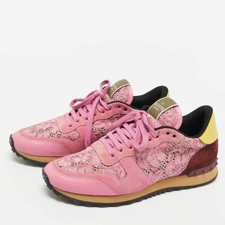 Pre Owned Valentino Multicolor Lace and Leather Lace Rockrunner Low Top Sneakers Size 40