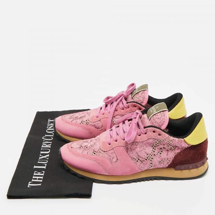 Pre Owned Valentino Multicolor Lace and Leather Lace Rockrunner Low Top Sneakers Size 40