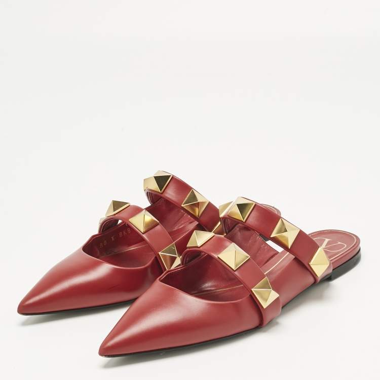 Pre Owned Valentino Burgundy Leather Roman Stud Flat Mules Size 38