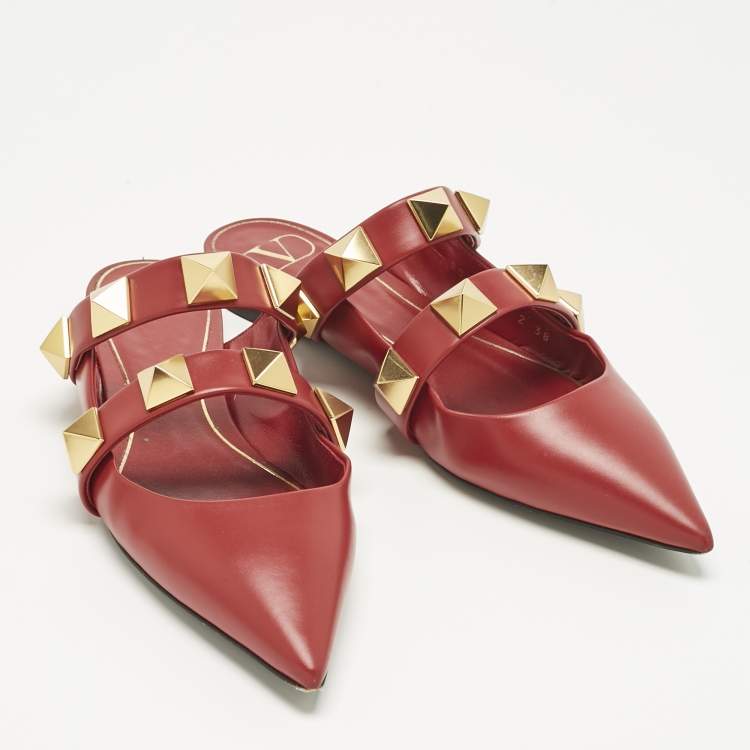 Pre Owned Valentino Burgundy Leather Roman Stud Flat Mules Size 38