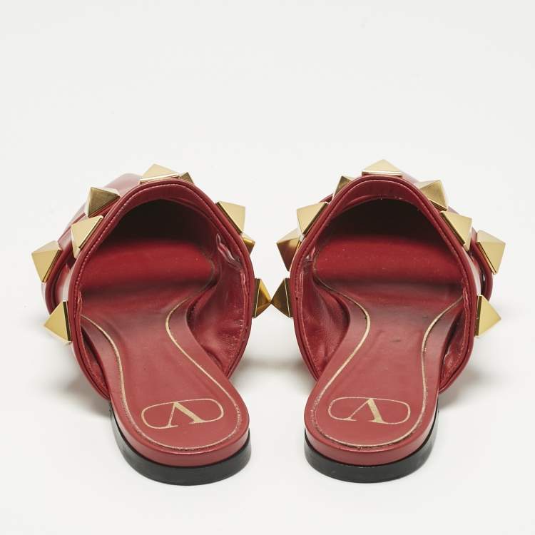 Pre Owned Valentino Burgundy Leather Roman Stud Flat Mules Size 38