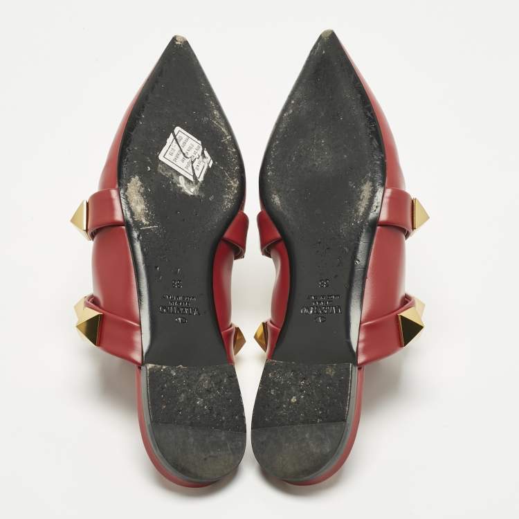 Pre Owned Valentino Burgundy Leather Roman Stud Flat Mules Size 38