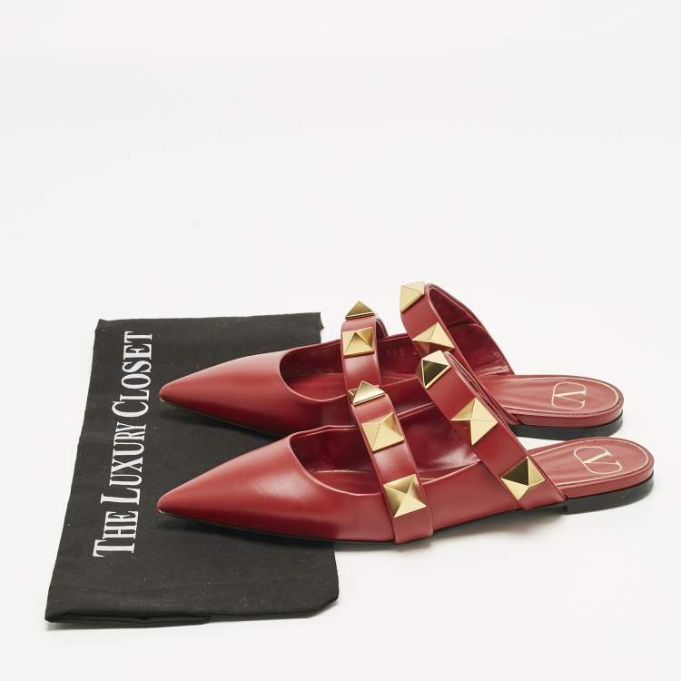Pre Owned Valentino Burgundy Leather Roman Stud Flat Mules Size 38