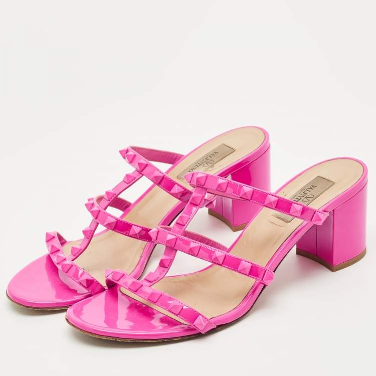 Pre Owned Valentino Pink Patent Leather Rockstud Slide Sandals Size 40