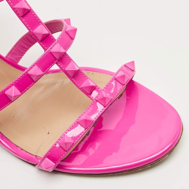 Pre Owned Valentino Pink Patent Leather Rockstud Slide Sandals Size 40