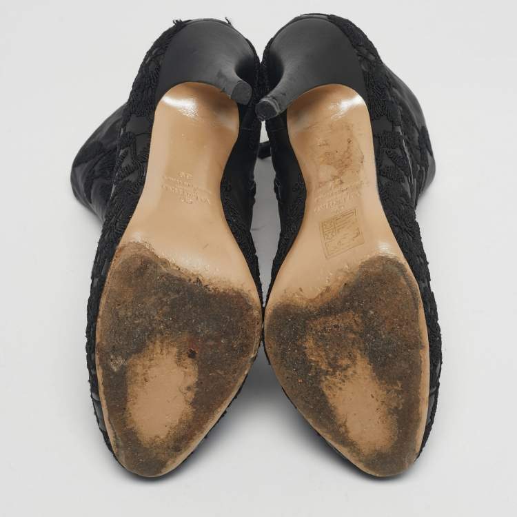 Pre Owned Valentino Black Embroidered Leather Zip Ankle Boots Size 39