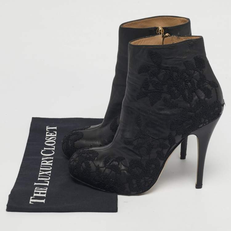 Pre Owned Valentino Black Embroidered Leather Zip Ankle Boots Size 39