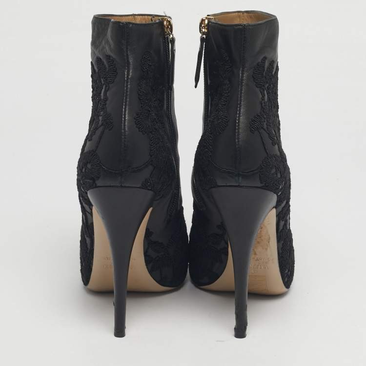 Pre Owned Valentino Black Embroidered Leather Zip Ankle Boots Size 39