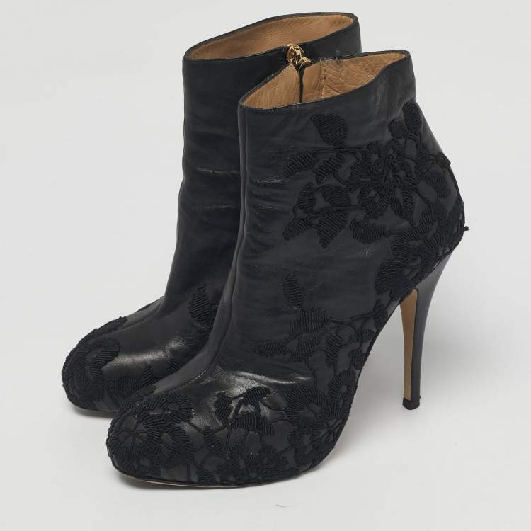 Pre Owned Valentino Black Embroidered Leather Zip Ankle Boots Size 39