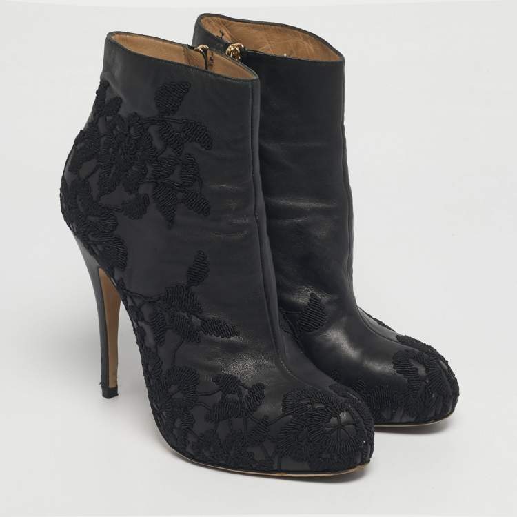 Pre Owned Valentino Black Embroidered Leather Zip Ankle Boots Size 39