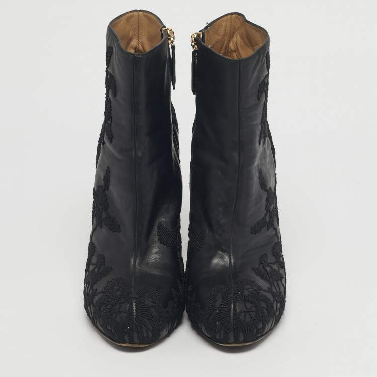 Pre Owned Valentino Black Embroidered Leather Zip Ankle Boots Size 39