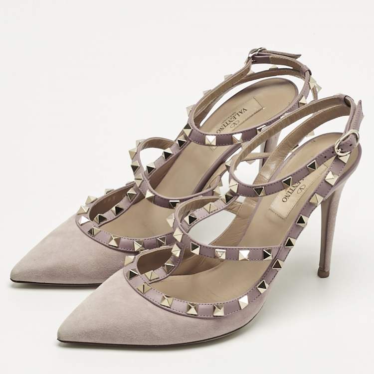 Pre Owned Valentino Beige Suede Rockstud Ankle Strap Pumps Size 39.5