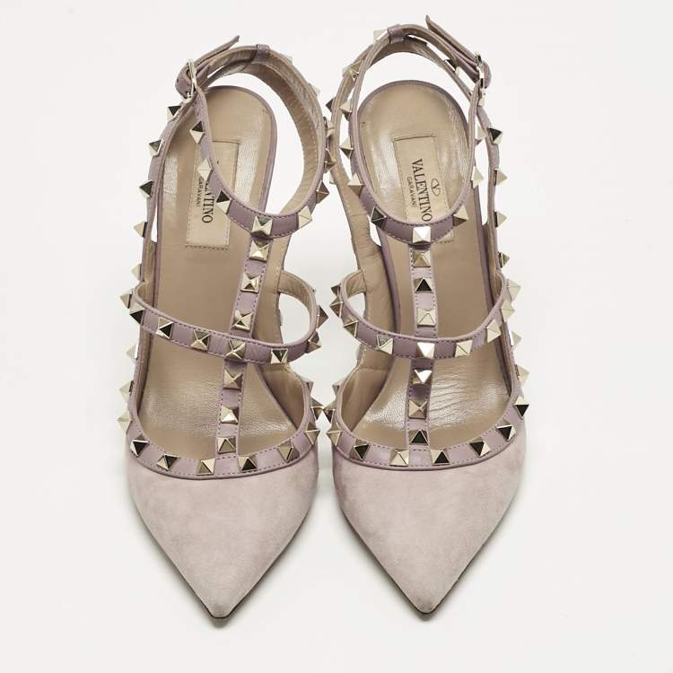 Pre Owned Valentino Beige Suede Rockstud Ankle Strap Pumps Size 39.5