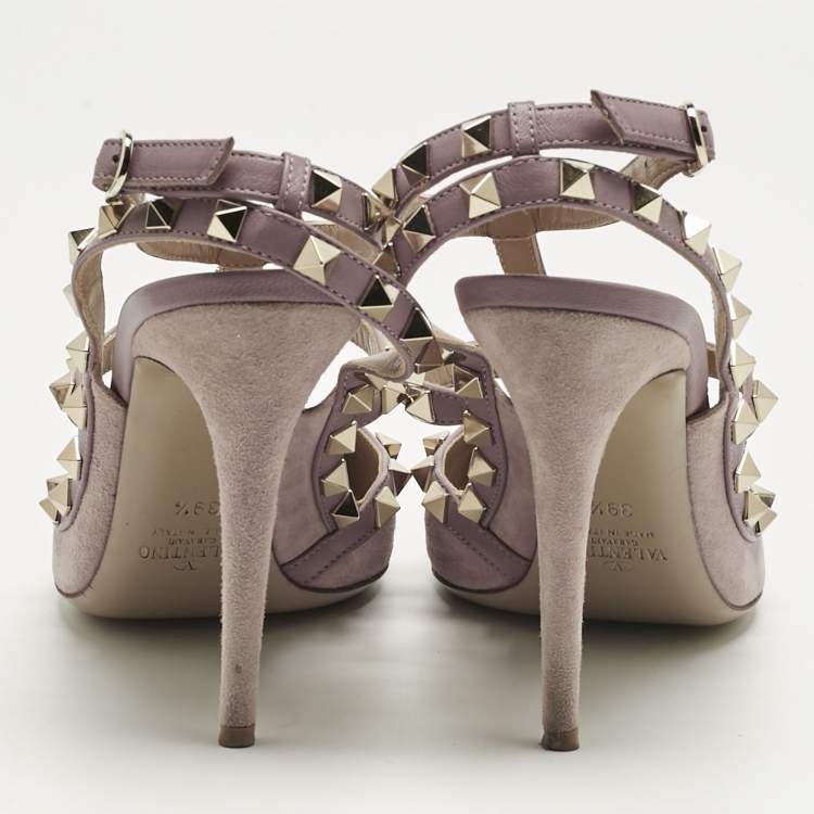 Pre Owned Valentino Beige Suede Rockstud Ankle Strap Pumps Size 39.5