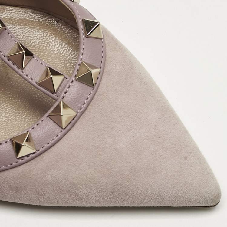 Pre Owned Valentino Beige Suede Rockstud Ankle Strap Pumps Size 39.5