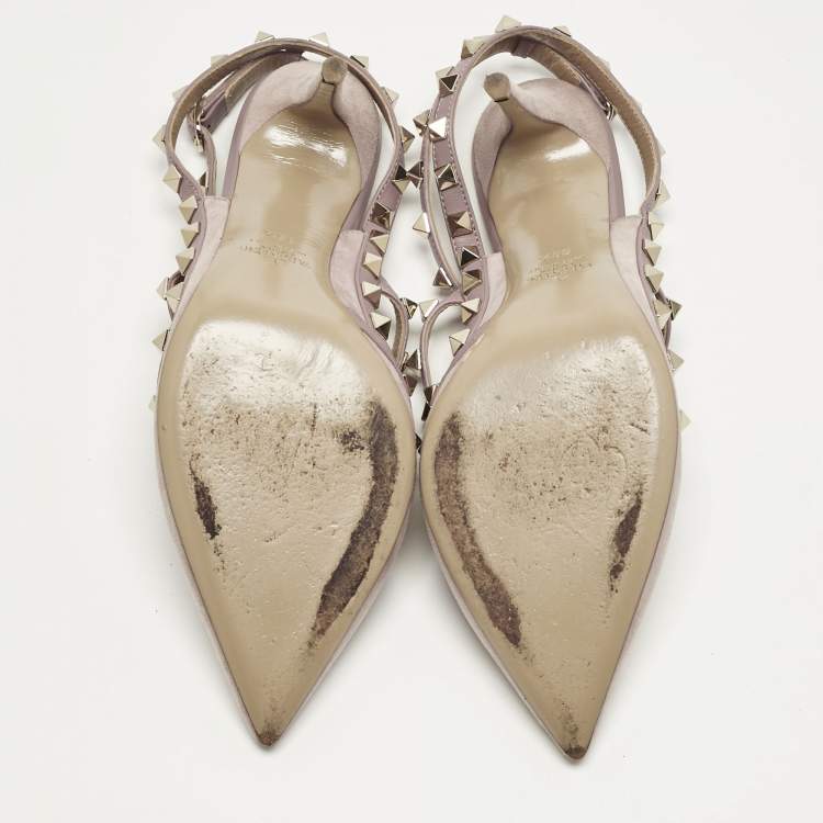 Pre Owned Valentino Beige Suede Rockstud Ankle Strap Pumps Size 39.5