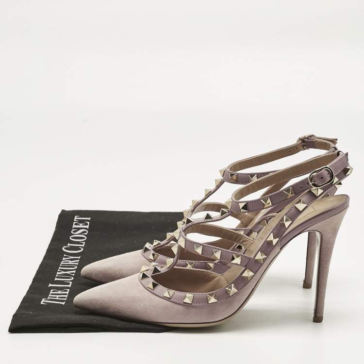 Pre Owned Valentino Beige Suede Rockstud Ankle Strap Pumps Size 39.5