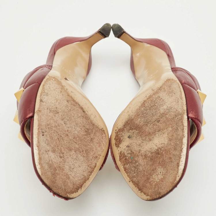 Pre Owned Valentino Dark Red Leather Roman Stud Slide Sandals Size 39