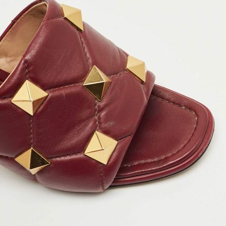 Pre Owned Valentino Dark Red Leather Roman Stud Slide Sandals Size 39