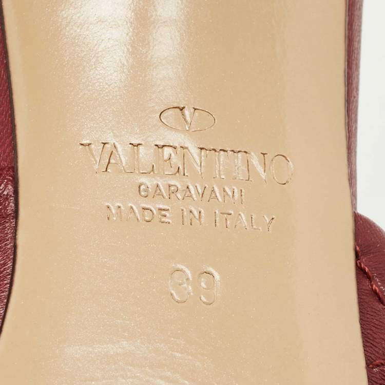 Pre Owned Valentino Dark Red Leather Roman Stud Slide Sandals Size 39