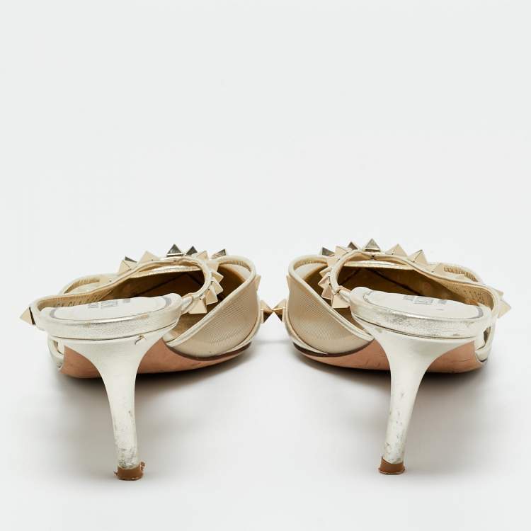 Pre Owned Valentino Silver Leather and Mesh Rockstud Pumps Size 38.5