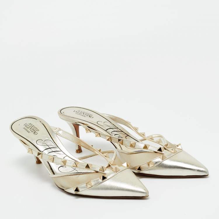 Pre Owned Valentino Silver Leather and Mesh Rockstud Pumps Size 38.5