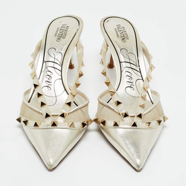 Pre Owned Valentino Silver Leather and Mesh Rockstud Pumps Size 38.5