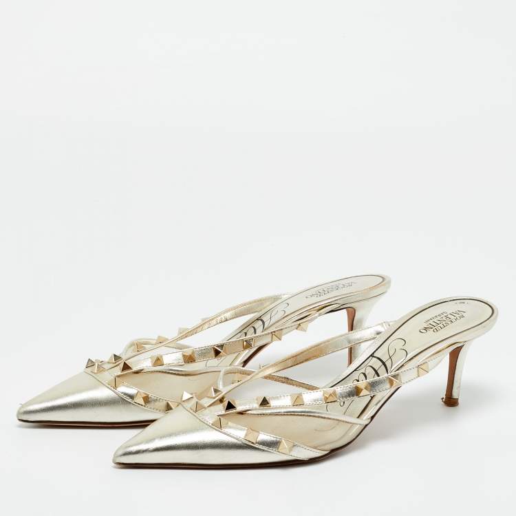 Pre Owned Valentino Silver Leather and Mesh Rockstud Pumps Size 38.5