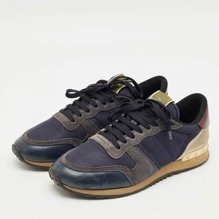 Pre Owned Valentino Blue Leather and Mesh Rockrunner Lace Up Sneakers Size 42
