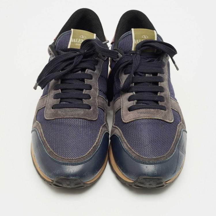 Pre Owned Valentino Blue Leather and Mesh Rockrunner Lace Up Sneakers Size 42