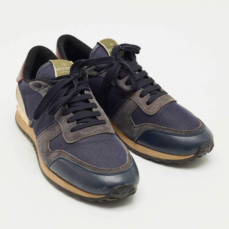 Pre Owned Valentino Blue Leather and Mesh Rockrunner Lace Up Sneakers Size 42