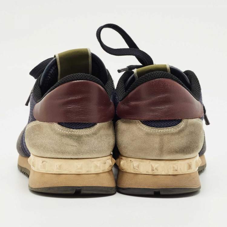 Pre Owned Valentino Blue Leather and Mesh Rockrunner Lace Up Sneakers Size 42