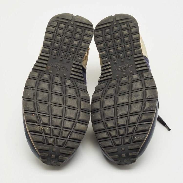 Pre Owned Valentino Blue Leather and Mesh Rockrunner Lace Up Sneakers Size 42