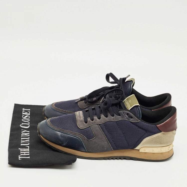 Pre Owned Valentino Blue Leather and Mesh Rockrunner Lace Up Sneakers Size 42