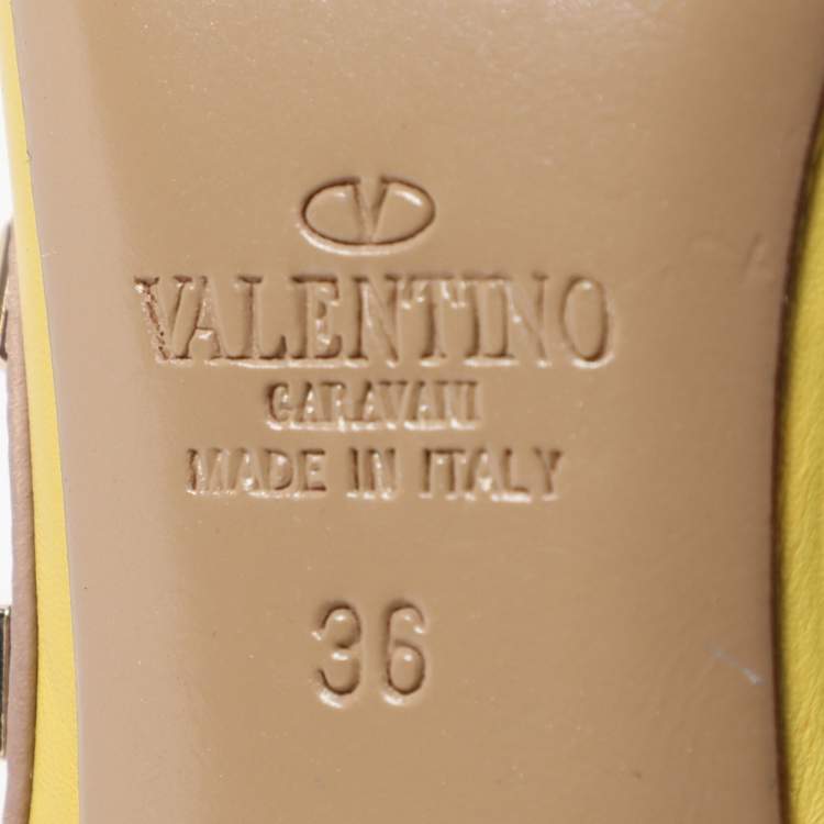 Pre Owned Valentino Yellow/Beige Patent Leather Rockstud Caged Ankle Strap Pumps Size 36