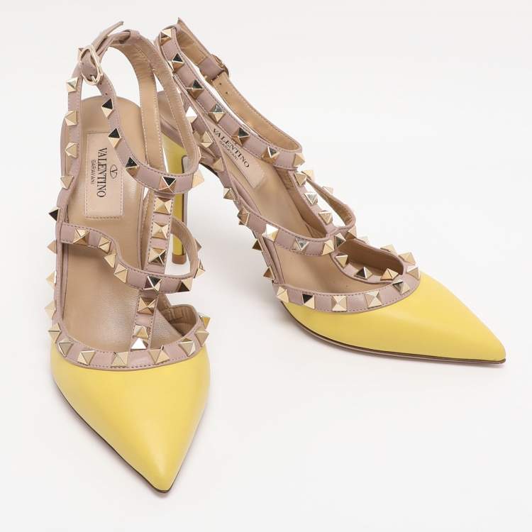 Pre Owned Valentino Yellow/Beige Patent Leather Rockstud Caged Ankle Strap Pumps Size 36