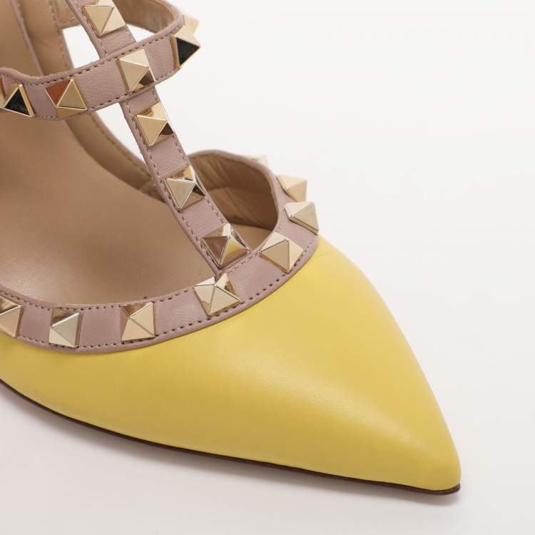 Pre Owned Valentino Yellow/Beige Patent Leather Rockstud Caged Ankle Strap Pumps Size 36