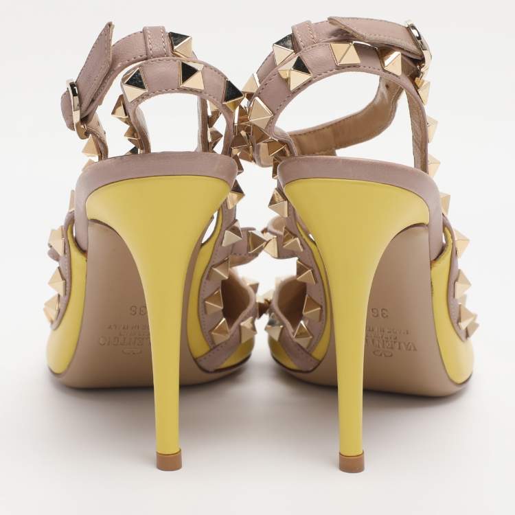 Pre Owned Valentino Yellow/Beige Patent Leather Rockstud Caged Ankle Strap Pumps Size 36