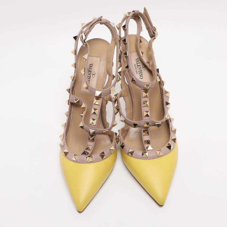 Pre Owned Valentino Yellow/Beige Patent Leather Rockstud Caged Ankle Strap Pumps Size 36