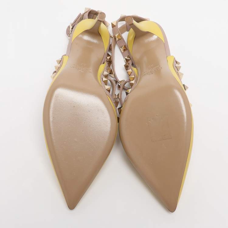 Pre Owned Valentino Yellow/Beige Patent Leather Rockstud Caged Ankle Strap Pumps Size 36