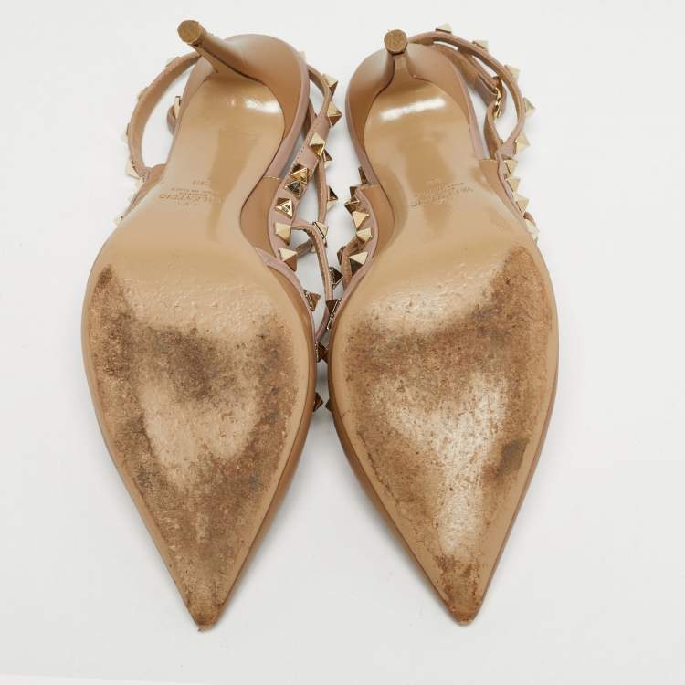 Pre Owned Valentino Beige Suede Rockstud Ankle Strap Pumps Size 39