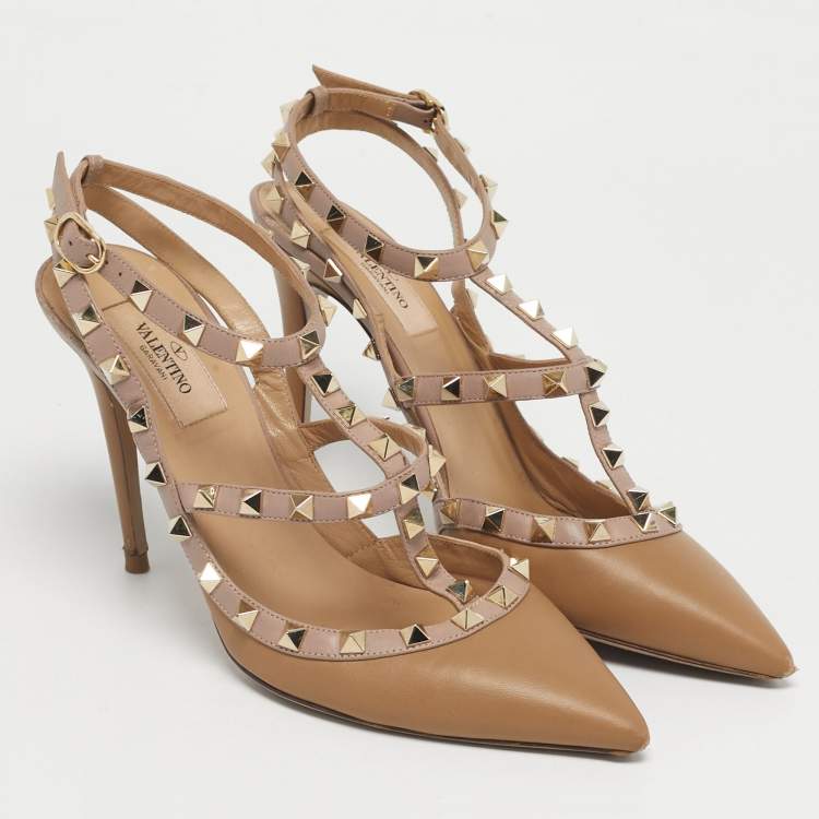 Pre Owned Valentino Beige Suede Rockstud Ankle Strap Pumps Size 39