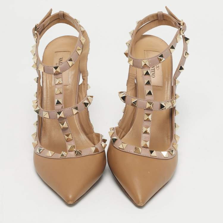 Pre Owned Valentino Beige Suede Rockstud Ankle Strap Pumps Size 39