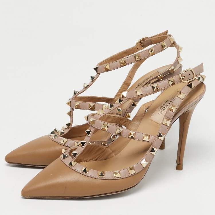 Pre Owned Valentino Beige Suede Rockstud Ankle Strap Pumps Size 39