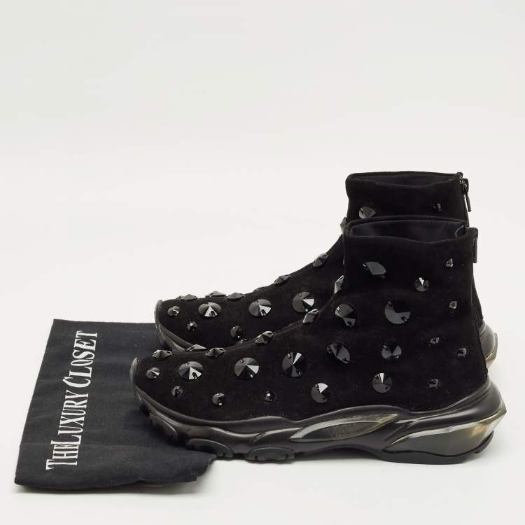 Pre Owned Valentino Black Suede Crystal Embellished High Top Sneakers Size 38.5