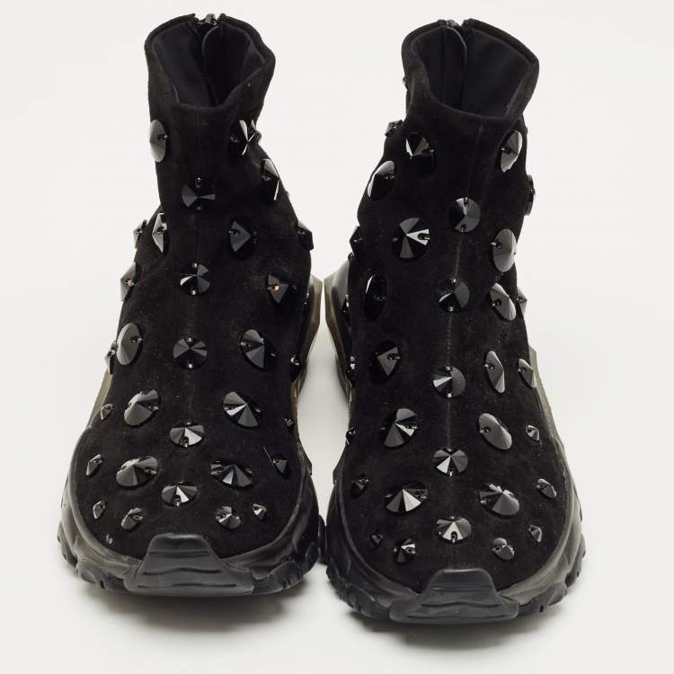 Pre Owned Valentino Black Suede Crystal Embellished High Top Sneakers Size 38.5