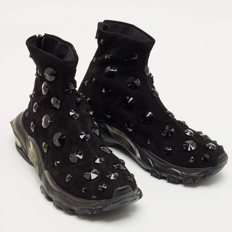 Pre Owned Valentino Black Suede Crystal Embellished High Top Sneakers Size 38.5