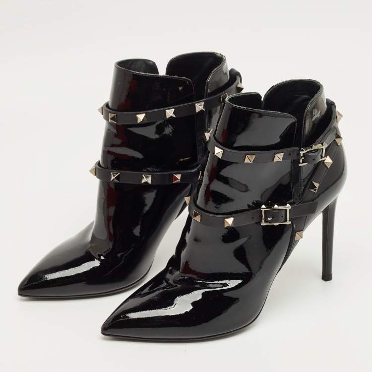 Pre Owned Valentino Black Patent Leather Rockstud Ankle Boots Size 39